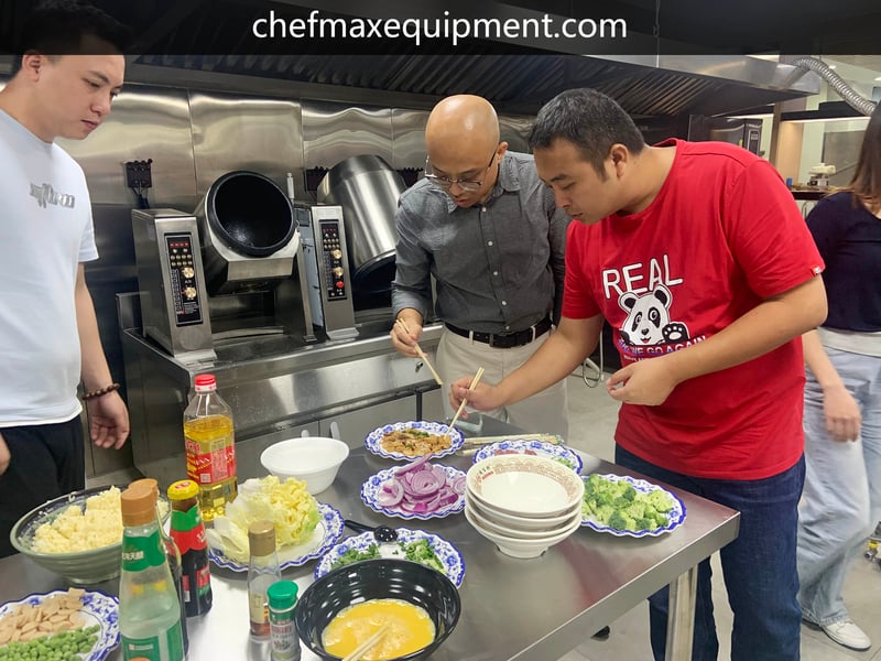 Customers taste the dishes prepared by the cooking machine